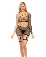 Pink Lipstick Right Thru Me Fishnet Top, Garter Skirt and G-String Black