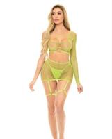 Pink Lipstick Right Thru Me Fishnet Top, Garter Skirt and G-String Neon Green