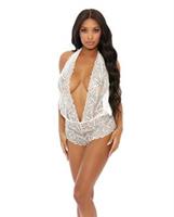 Sheer Lace Deep V Halter Bodysuit w/Open Crotch White