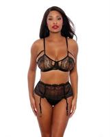 Two Tone Scalloped Lace Bra, High Waist Garter Belt and G-String Black/Silver