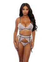Floral Lace Bra, Cage Garter Belt and G-String Dusty Pink