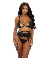 Eyelash Lace Bra, High Waist Garter Belt and G-String Black