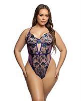 Electric Shimmer Metallic Two-Tone Floral Embroidered Lace and Satin Teddy - Violet