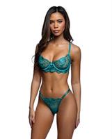 Electric Crush Metallic Floral Embroidered Lace Bra and Thong 2 pc Set - Teal