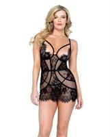 Femme Fatale Scalloped Eyelash Lace and Mesh  Chemise and Thong Black