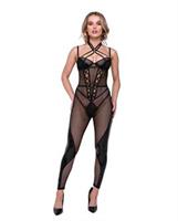Flirty FETISH Fishnet and Faux Leather Catsuit w/Satin Trim Black
