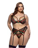 Cherry Delight Embroidered Lace and Mesh Underwire Bra w/Garter and G-String 3 pc Set - Black