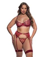 Beaded Belle Metallic Embroidered w/Bead Lace Top, Thong and Garter 3 pc Set - Red