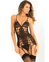 Rene Rofe Caged Lace Garter Chemise Black