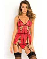 Rene Rofe Caged Lace Garter Chemise Red