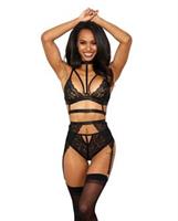 Stretch Lace w/Satin Elastic Bra, Garter Belt and G-String Panty Black