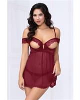 Lace and Mesh Open Cups Babydoll w/Fly Away Back and Panty Wine