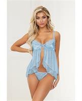 Satin Jacquard Dot Mesh Scallop Lace Babydoll and G-String Blue