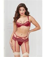 Stretch Satin and Lace Balconette Cup and Garter Panty Wine