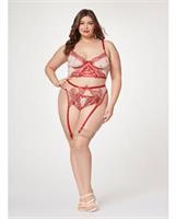 Sheer Stretch Mesh w/Floral Contrast Embroidery Bustier, Garter Belt and Thong Red/Nude