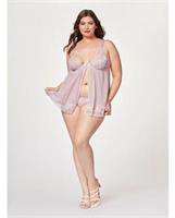 Sheer Mesh and Lace Demi Cup Babydoll and Thong Lavender