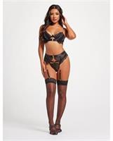 Scalloped Lace Bra w/Gold Chain, Garter Belt and Thong Black