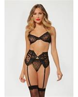 Valentines Heart Embroidered Mesh Bra, Waspie and Panty Black