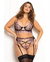Floral Lace and Mesh Long Line Underwire Bra w/Garter and G-String - Black/Pink