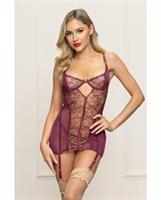 Metallic Lace with Mesh Gartered Chemise and Thong - Plum