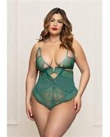 Lace and Mesh Open Crotch Teddy w/Gold Straps - Green