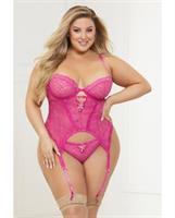 Stretch Floral Lace Bustier and G-String Fuchsia