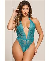 Floral Lace Halter Teddy w/Snap Crotch