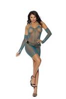 Crochet mini dress with matching gloves.