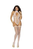 Diamond net teddy with keyhole front and matching stockings.