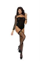Opaque teddy with fishnet sleeve and matching stockings.