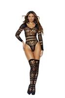 Long sleeve crochet teddy with open crotch and matching stockings.
