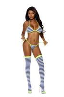Striped string bra, tie side thong and matching stockings.