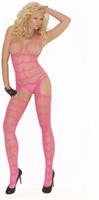 Vertical Striped Suspender Bodystocking - NEON PINK