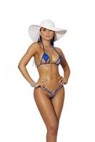 Lycra bikini top and matching g-string with jewel accent.