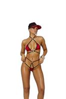 Lycra bikini top and matching g-string with black trim.