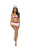 Naughty Nurse- Bra top, skirt with attached garters, g-string and head piece.