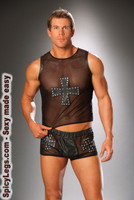 Mesh tank top with leather cross trimmed in nail heads