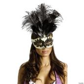 Carnival Mask Big Feather Black/Gold