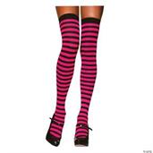 Stockings Thigh High Striped Black/Neon pink