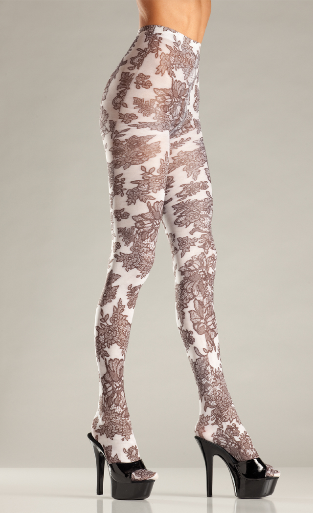 tights opaque floral welt stockings hosiery wear spicylegs highs thigh stay lace